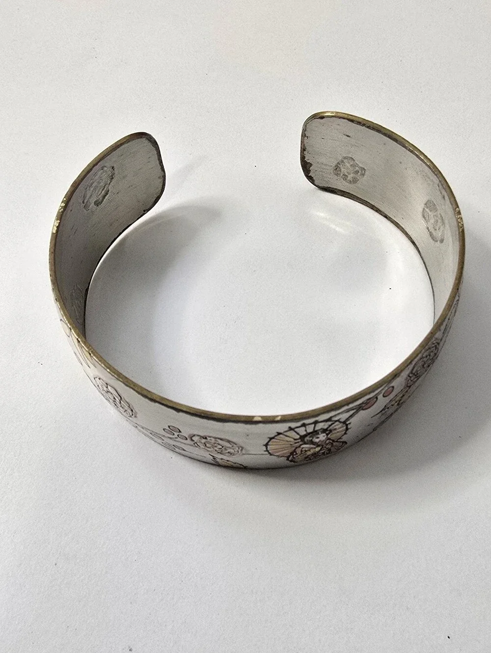 Reed & Barton Silver-Tone Daniascene Engraved Cuff Bracelet with Gold Trim